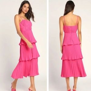 NWT Lulus Cascading Crush Hot Pink Tiered Bustier Midi Dress Size M